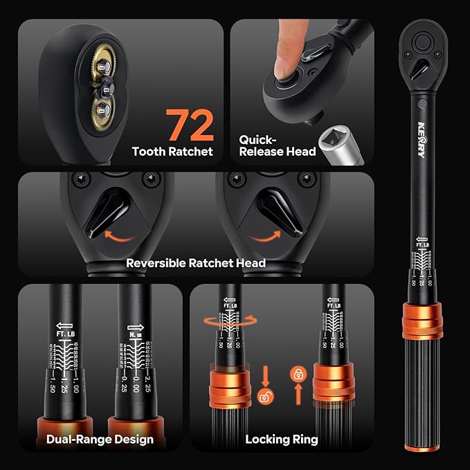 Kerry Click Torque Wrench Set, 1/4", 3/8" and 1/2" Drive, 3-Piece | 20-240 in-lb, 5-45 ft-lb, 20-160 ft-lb, ±3% Accuracy, Dual Scales, 72-Tooth Reversible Ratchets with Case for Vehicle Work