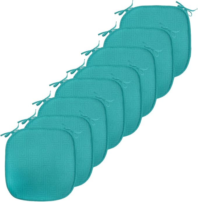 Lunarable Abstract Chair Seating Cushion Set of 8, Classic Monochrome Design Meander Greek Motif Repetition Illustration, Anti-Slip Seat Padding for Kitchen & Patio, 16"x16", Teal and Dark Turquoise