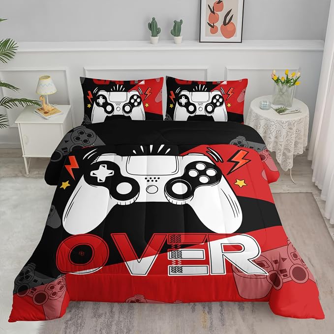 Axolotl Gamer Comforter Set Full, 3Pcs Gaming Gamepad Bedding for Men, Games Console Bedding for Adults Room, Video Game Controller Room Decor Gaming Bed Set 1 Comforter with 2 Pillowcases, Black Red