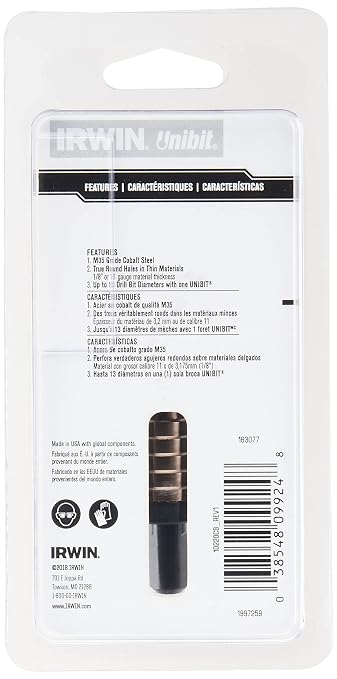 Irwin Tools IRWIN 10220CB Unibit 1/16-Inch Hole Enlarging 8-Steps Cobalt Alloy Steel Step Drill Bit
