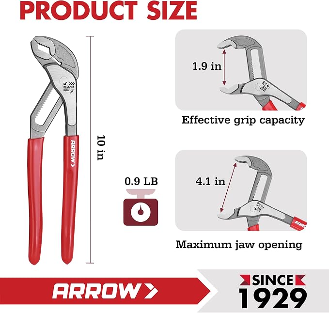 ARROW 10-Inch Water Pump Pliers, Quick Adjust Groove Joint Pliers with 18 Positions, V-Jaw Tongue and Groove Plier with Dipped handle, Heat-Treated CR-V Steel for Plumbing, Auto & Home Repair