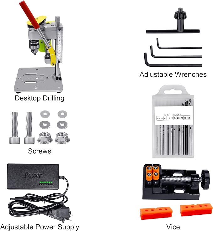 Mini Drill Press, Benchtop Portable Electric Drilling Machine, CNC 795 Motor, B10 Chuck, for Metal, Wood, Jewelry, DIY Crafts (yellow)