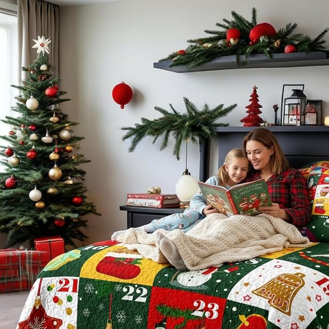 Merry Christmas Patchwork Quilt Set King - Santa Claus Snowman Socks Calendar Checkered Holiday Bedding Set - Soft Microfiber Lightweight Comforter Coverlet Bedspread(Calendar, King(90"x104"))
