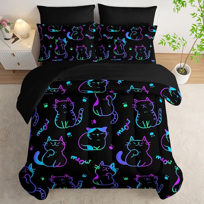 Cute Cat Kids Comforter Set King Size,7Pcs Black Neon Lights Animals Printed Bedding Sets for Kids Boys Girls Room Decor,Modern Aesthetic Sheets Twin Size Bed Set.