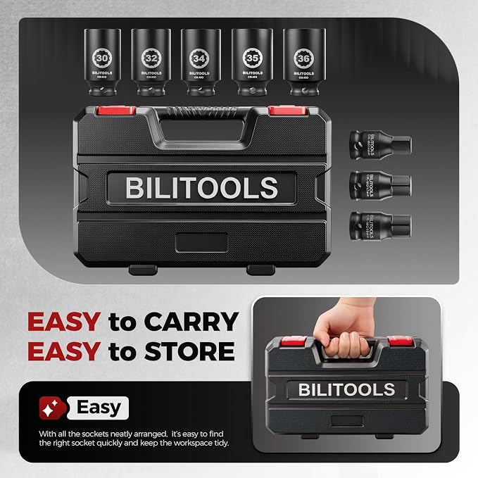 BILITOOLS 12 Point Axle Nut Socket Set, 1/2" Drive Spindle Nut Socket Set | for Wheel Bearing & CV Axle, Impact Deep 14mm 17mm 19mm 30mm 32mm 34mm 35mm 36mm, Compatible with Toyota, Honda, BMW, VW,Audi