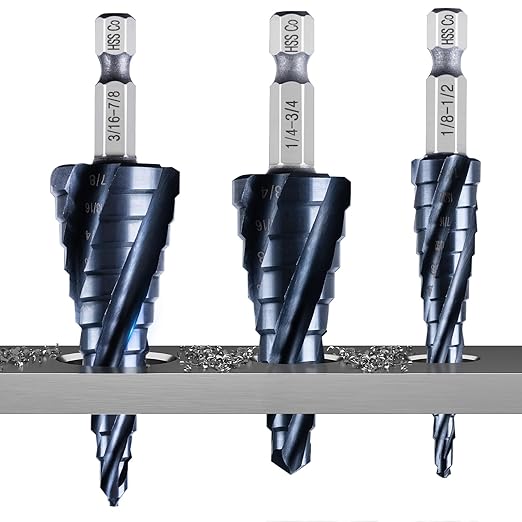 GRENPRO 3PCS Step Drill Bit Set, M35 Cobalt Drill Bit with AlTiN Coated, 1/4" Hex Shank Four Spiral Flute Unibit Drill 1/8"-7/8" for Metal, Stainless Steel, Aluminum, Copper,Aluminum, Wood, PVC