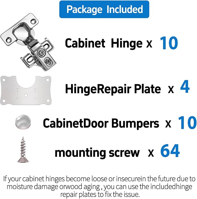 Cabinet Hinges - 10 Pack for 1/2 inch Overlay Cabinet, Face Frame Concealed 106Deg Self Closing Hinges, Stainless Soft Close Cabinet Door Hinges with Mounting Screws and Repair Plate