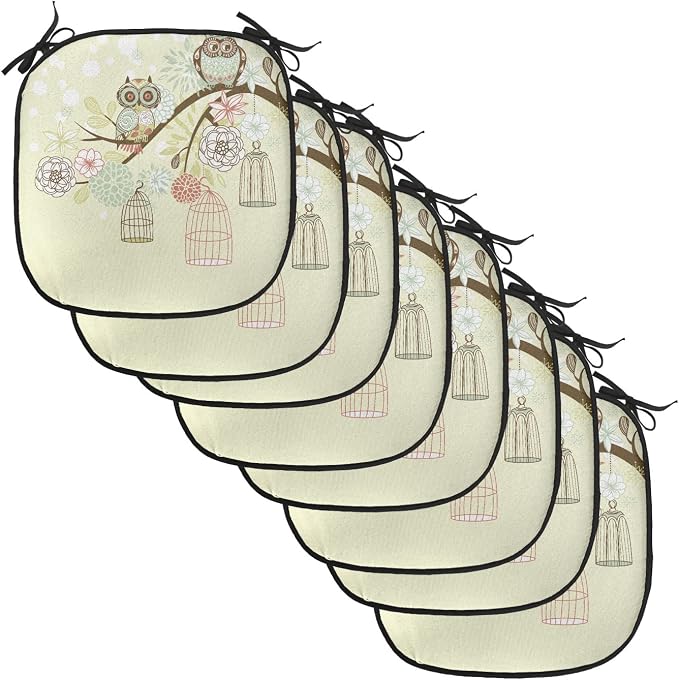 Lunarable Owls Chair Cushion Pads Set of 8, Winter Floral Background Blossoms Owls Out of Their Cages Birdcage Freedom, Anti-Slip Seat Padding for Kitchen & Patio, 16"x16", Pale Green Brown White