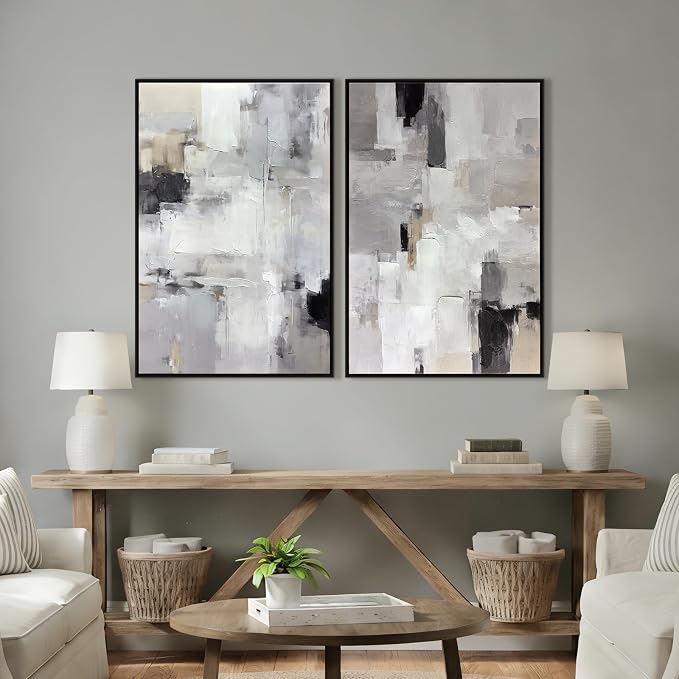 Zessonic Neutral Abstract Wall Art, Large Modern Textured Framed Canvas Wall Decor, Minimalist Prints Paintings, Black White Grey Artwork Pictures for Home, Living Room, Office, 24"x36"x2