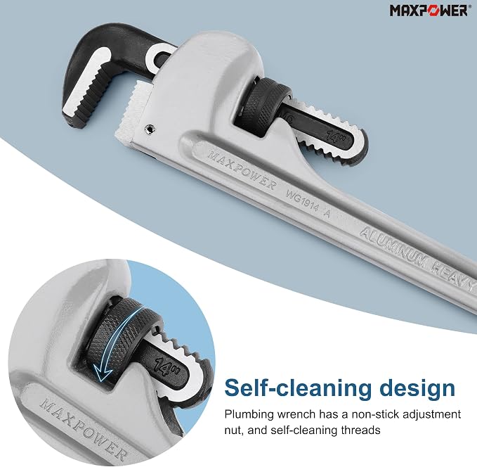 MAXPOWER 14-Inch Pipe Wrench, 2-inch Jaw Capacity | 40% Lighter Aluminum Plumbing Wrench, Heavy Duty Straight Pipe Wrenches