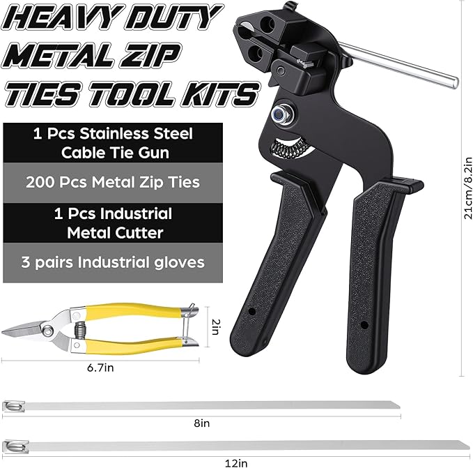 Stainless Steel Cable Tie Gun Kit, 200 Pcs Metal Zip Ties (100 Each of 8/11.8 Inch), Adjustable Fastening and Cutting Tools for Fence, Chain Link Fence, Pipe, Industrial Use