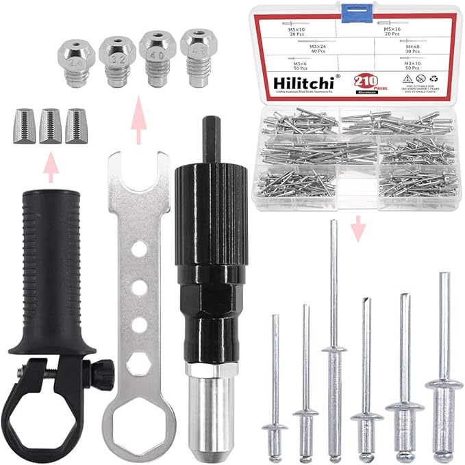 Hilitchi Professional Rivet Gun Adapter Kit with 210Pcs M3 M4 M5 Aluminum Assorted Rivets, 4Pcs Different Matching Nozzle Bolts, Wrench and Clamping Fixture for Cordless Drill, Sheet Metal Work