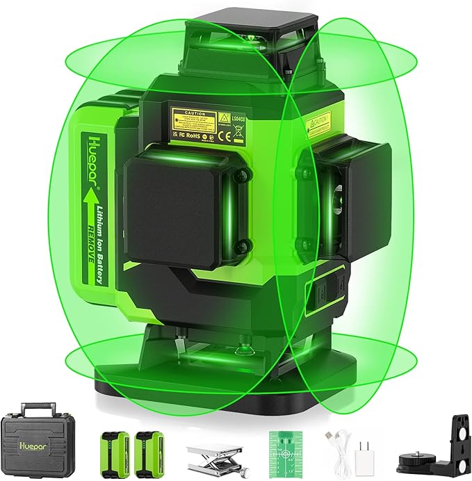 Huepar Laser Level 360 Self Leveling, Rechargeable Green Laser 4x360° Cross Line Lazer Leveler 4D Level Laser Tool for Construction with Two Li-ion Batteries, Magnetic Bracket &Hard Carry Case -LS04CG