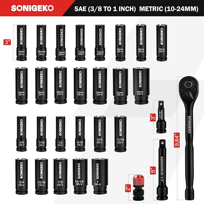 30-Piece 1/2" Drive Deep Impact Socket Set | SAE(3/8"–1")& Metric (10mm–24mm), Includes 3", 5" Extension Bars, Ratchet Wrench & Bit Adapter