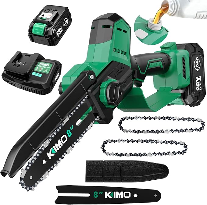 KIMO Brushless Electric Chainsaw Cordless, 4.0Ah Battery & Fast Charger, Handheld Chain Saw with Auto Oiler, Battery Powered Chainsaw Electric for Tree Trimming, 34 FT/S Cutting Speed, 8-INCH