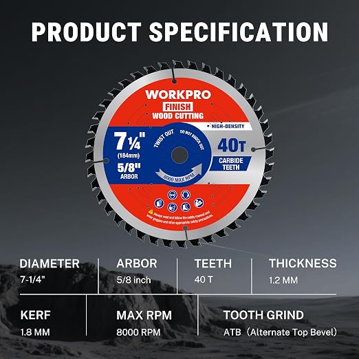 WORKPRO 7-1/4 Inch Woodworking Circular Saw Blade, 40T General Purpose Wood Cutting, Thin Kerf, Carbide Tipped, ATB Tooth, 1-Pack
