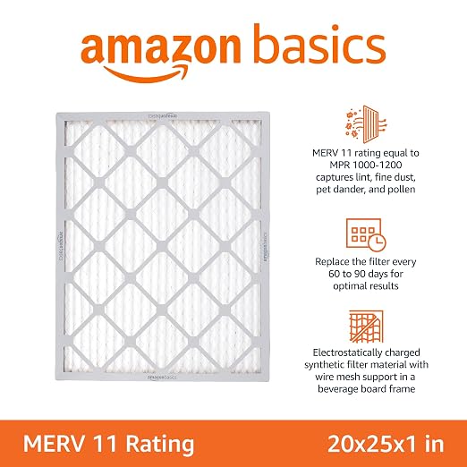 Amazon Basics 20x25x1 Air Filter 6-Pack, MERV 11 AC Furnace Filters, Dust, Pet, Allergy Control, Electrostatic, Removes Lint (Actual Size: 19.75" x 24.75" x 0.75")