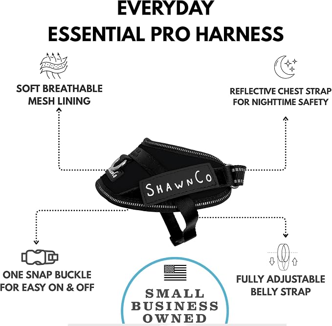 ShawnCo Essential Pro Dog Harness, No-Pull Pet Vest with Removable, Reflective Side Patches, Adjustable and Padded Harness for Small, Medium and Large Dogs (Midnight, XS)