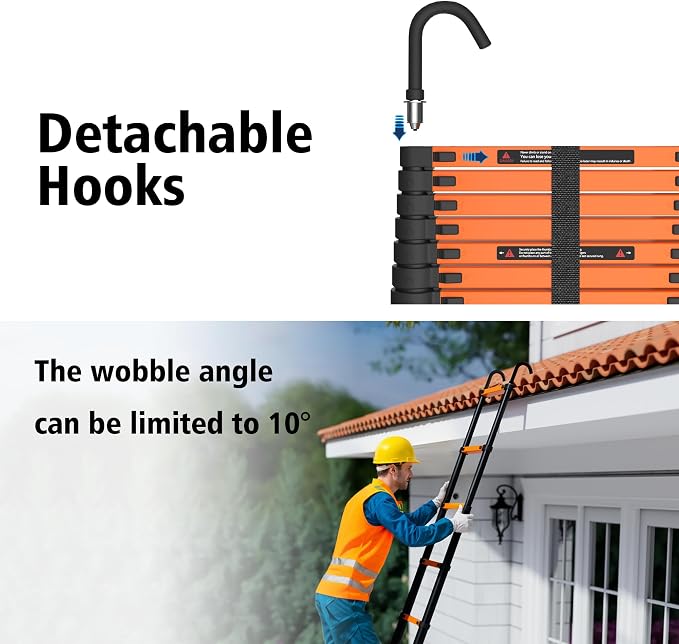 SINMEIRUN Telescoping Ladder, 12.5 FT, Hooks, Aluminum Extension Ladder, 330 lbs Capacity, Collapsible Multi-Purpose Ladder for Home, Roof and RV; Orange