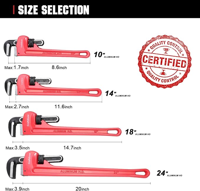 4Piece Aluminum Pipe Wrench Set (10Inch, 14Inch, 18Inch, 24Inch), Heavy-Duty Adjustable Straight Plumbing Wrenches, Drop-Forged Jaws, Lightweight Design, Versatile for Plumbing & Home Repair