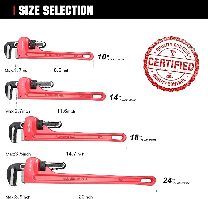 14-Inch Aluminum Pipe Wrench, 14-Inch, Heavy-Duty Adjustable Straight Plumbing Wrench, Drop-Forged Jaw, Lightweight Design, Versatile for Plumbing & Home Repair