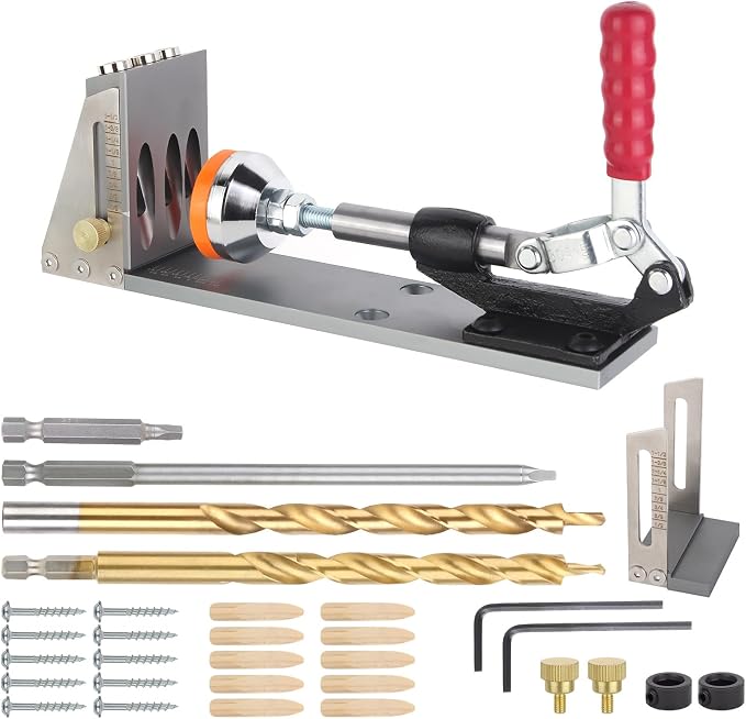 Kosmi pocket hole jig Kit,Professional Woodworking Dowel Jig Kit,Upgraded All-Metal Pocket Screw Jig for Carpentry Joinery Men,Set Jig Wood Woodwork Guides Joint Angle Tool Carpentry Locator