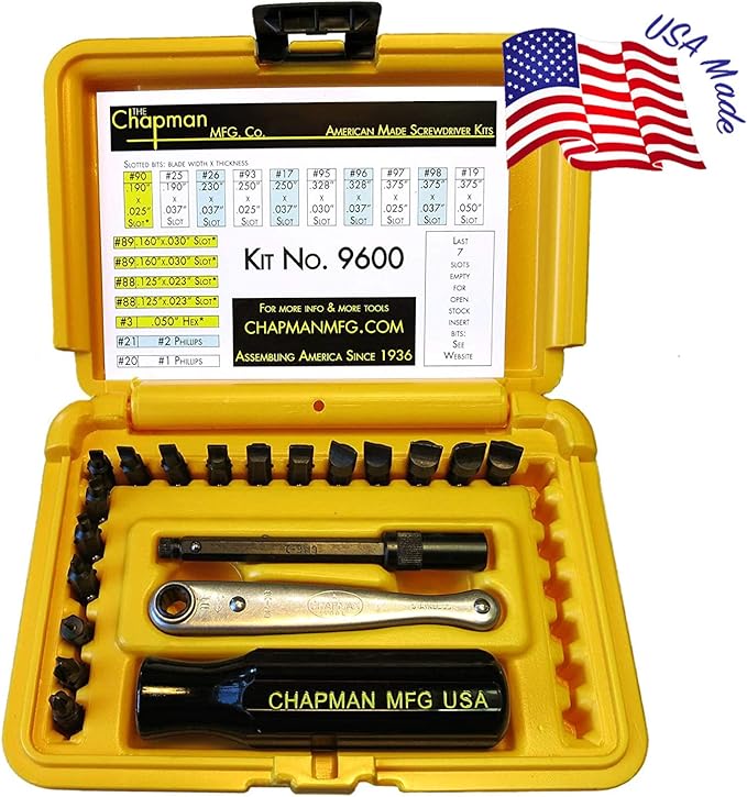 Chapman MFG 9600 Starter Slotted Screwdriver Set - 20 Pieces - Includes 14 Slotted Head Insert Bits, 2 Phillips, Mini Ratchet, Screwdriver Handle, Extension + Open Slots, USA Made (Yellow Case)