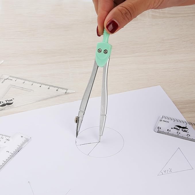 Mr. Pen- Geometry Set, 13 pcs, 3 Metal Compasses, Protractor, 6" Ruler, 45° & 30°/60° Set Squares, Pencils, Lead Refills, Sharpener & Eraser for Math, Drafting & Classroom Use