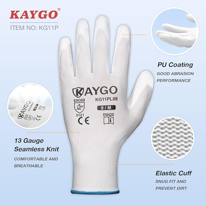 KAYGO Work Gloves for Men and Women, 12 Pairs Seamless Knit PU Coated Safety Gloves, with Smooth Grip on Palm and Fingers, Ideal for Light Warehouse, Manufacturing, Gardening, KG11P (L, White)