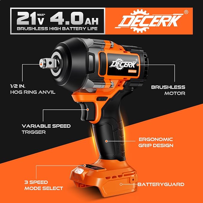 DECERK 900Nm High-Torque Impact Wrench - Covers 94% of OEM Torque Specs for Trucks, SUVs & Farm Equipment [4000mAh Dual Batteries] [1/2 Inch Driver] [21V MAX] Brushless, Cordless, Electric, Power,Gun