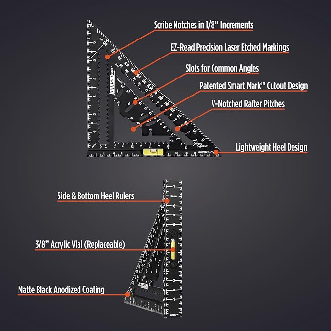 Johnson Level & Tool 1904-0700V 7-1/4" Johnny Square® MACH-1™ Smart Mark™ Rafter Square with Level Vial, Black