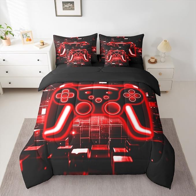 Erosebridal Gamer 7-Piece Comforter Set Full Bed in a Bag, Gaming Bedding Sets Neon Lights Game Boy Games Comforter and Sheet Set, Red Brick Cube Room Decor,Gaming Room Decor