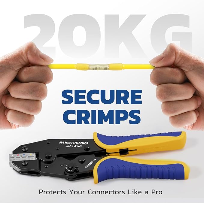 haisstronica Crimping Tool For Heat Shrink Connectors-AWG 26-10 Ratchet Wire Terminal Crimper-Ratcheting Crimper Tools-Available For Insulated Nylon Connectors and Electrical Wire Connectors HS-8327