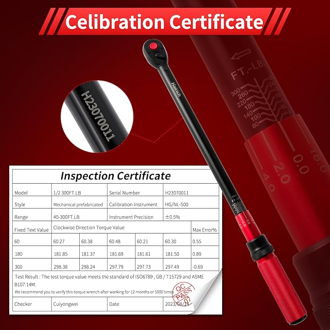 Hairich 1/2-Inch Drive Click Torque Wrench, Dual-direction 40-300ft.lb/33.9-406.8Nm, 72-tooth Torque Wrench with Dual Range Scales, ±3% High Precision