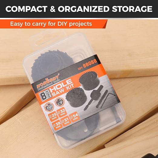 HORUSDY 8PCS Hole Saw Kit, 1"–2-1/8" (25–54mm), with 2 Pcs Drill Bits, Mandrel & Hex Key, Smooth Cut, DIY-Friendly Set for Soft Wood, Plywood, PVC