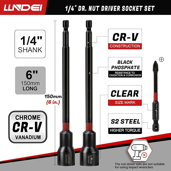1/4" Drive Socket Set Nut Driver Set with Ratchet, 44Pcs Wrench Tool Set | 1/4-Inch Sockets Deep&Shallow Metric(4-15mm), 1/4" Hex Shank 6" Long Nut Drivers(6-14mm) for Impact Drill Bits(PH1 PH2)