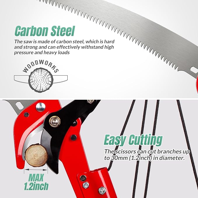 Suchtale Pole Saw 10FT, 2-in-1 Tree Pruner with Saw & Pruning Scissors, Quadruple Pulley Pole Trimmer for High Branch Cutting, Palm Tree, Fruit Tree & Shrub Pruning, Yard Garden Tree Care