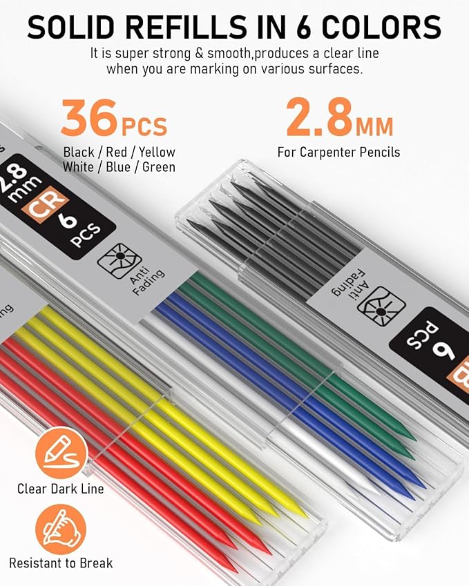 Nicpro 5 Pack Carpenter Pencil with Sharpener, Mechanical Carpenter Pencils with 41 Refills, Construction Pencil Heavy Duty Woodworking Pencils for Architect (Red, Black, Orange, Blue, Black)