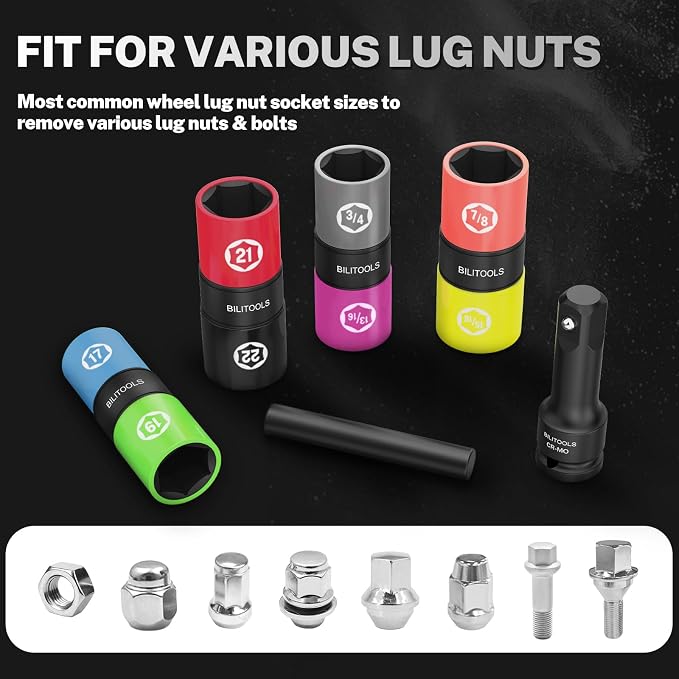 BILITOOLS Lug Nut Socket Set, 1/2" Thin Wall Impact Flip Sockets | Metric 17-22mm and SAE 3/4"-15/16" Sizes, Non-Marring Sleeves, Extension Bar and Knockout Rod for Stuck Lug Nuts