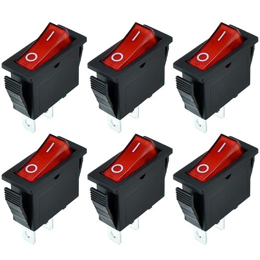 2 Pin 2 Position Boat Shaped Rocker Switch, KCD3-101 ON/Off Snap in Toggle Switch, AC 250V/15A 125V/20A Red Rocker Switch Toggle for Car Auto Boat Household Appliances (Red 6 Pack)