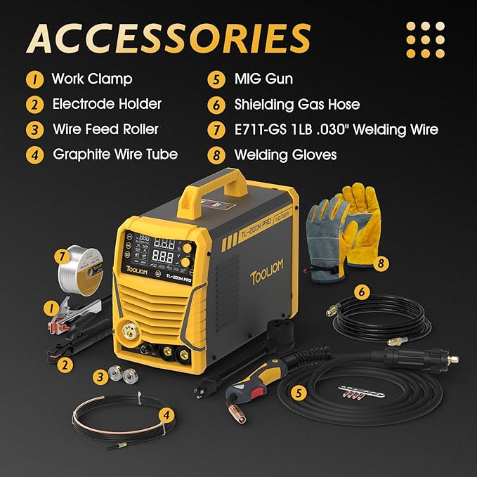 TOOLIOM 200A MIG Welder 5 in 1 MIG/Flux MIG/Spool Gun Mig/Lift TIG/Stick Welder 110/220V Dual Voltage Aluminum Welding Machine