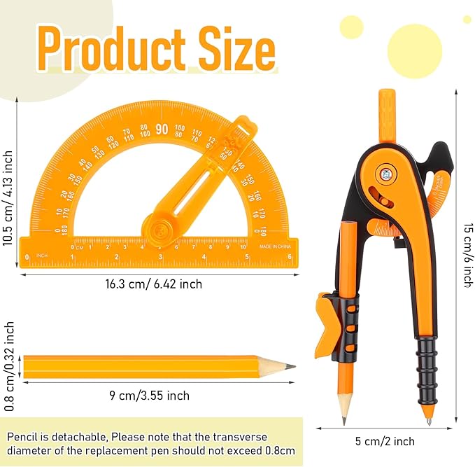Zonon Student Protractor and Compass Set, Student Geometry Math Set Drawing Compass and 180 Degree 6 Inch Protractor with Swing Arm for Drawing Measuring School Office(Orange)