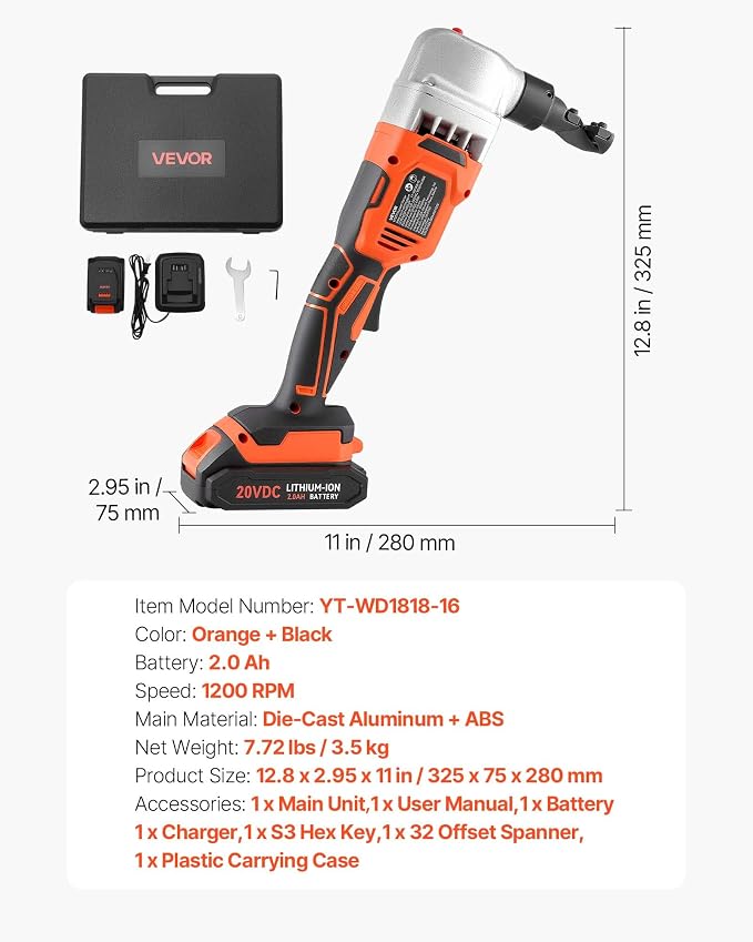 VEVOR Cordless Metal Nibbler, with 18 V 2000 mAh Battery, 1200 RPM Brushless Motor, Electric Nibbler Metal Cutter with Plastic Carrying Case for Cutting Stainless Steel, Aluminum, and Copper Sheet