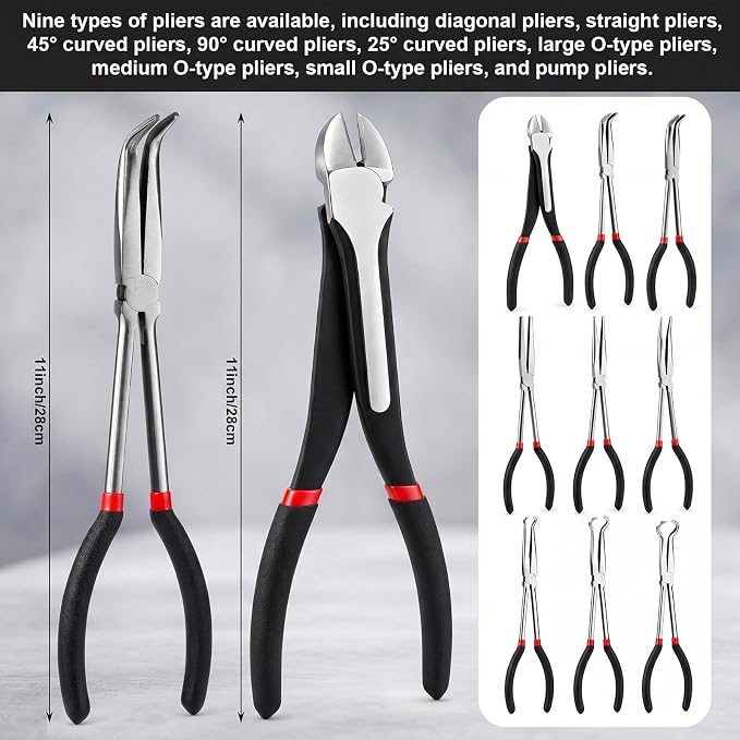 9 Piece 11 Inch Long Reach Pliers Set 45° 90° Bent, Circle, Diagonal Carbon Steel Needle Nose Pliers for Narrow Spaces and Limited Areas(Black)