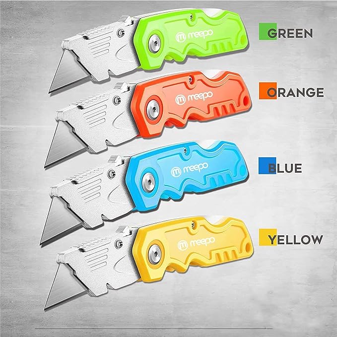 M MEEPO Box Cutter, 20-Pack Tough Folding Box Cutter Bulk for Heavy Duty Purpose, Razor Sharp Utility Knife Bulk, with Extra 50-Piece Blades, Can cut Drywall, Sheet Plastic, Linoleum, Boxes, Rope