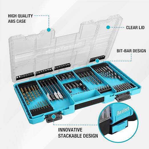 DuraTech 99 PCS Drill Bit Set, High Speed Steel Titanium Drill and Screwdriver Bit Set with Tough Case for Metal, Wood, Plastic, Concrete, Brick, Masonry