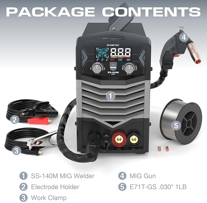 Sunstac MIG Welder, 140A 110V Flux Core/Stick/Lift TIG 3 in 1 MIG Welding Machine, Gasless MIG with IGBT Inverter Synergic Control, Digital Screen Display, Over Loading Protection Beginner Friendly
