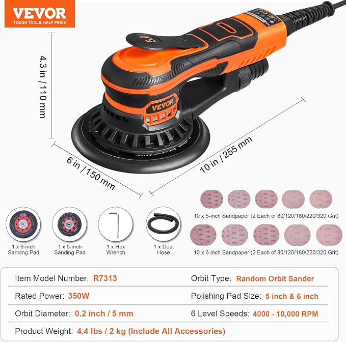 VEVOR Random Orbital Sander 5 & 6-Inch, 350W Brushless Orbital Sander, 10,000 PRM 6 Variable Speed Electric Palm Sander with 20PCS Sandpapers, Dust Connector & Hose for Woodworking Detailing Sanding