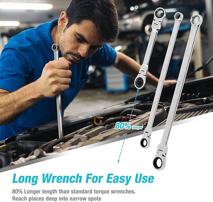 DURATECH 27PCS Extra Long Flex Head Ratcheting Wrench Set, 8-22mm | Double Box End Ratchet Wrench Set with E-type 8-22mm Replacement Heads, 10x19mm, 1/4", 3/8", 1/2" Socket Adapters