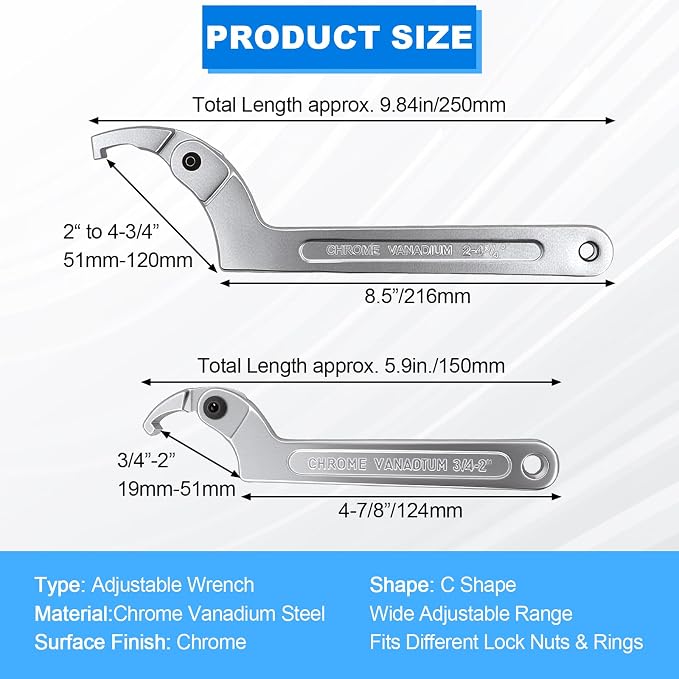 Adjustable C Spanner Hook Wrench Tool Set 3/4-2"(19-51mm)2-4 3/4"(51-121mm) | Chrome Vanadium Hook Wrenches for Tightening and Loosening Side-Slot Collars, Lock Nuts, Bearings and Collets on Machinery